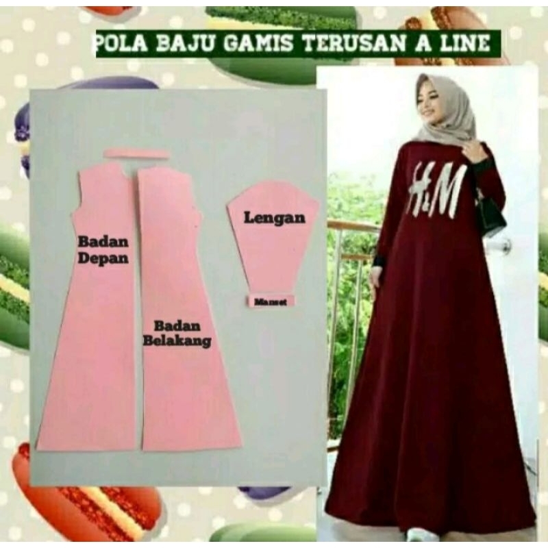 pola gamis terusan A line