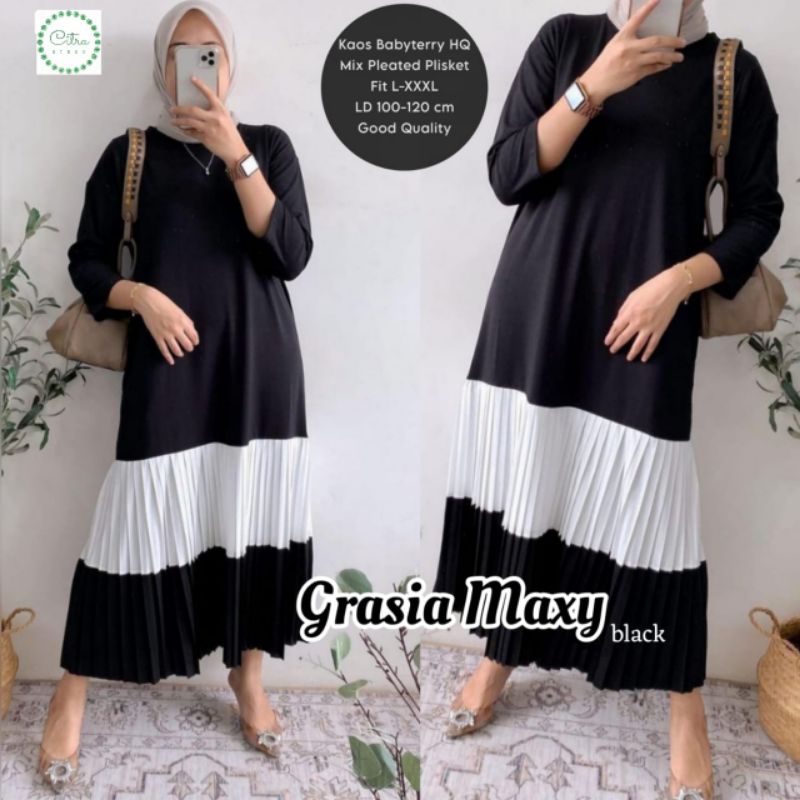 Grasia Maxy Dress Gamis Polos Kombinasi Plisket Premium