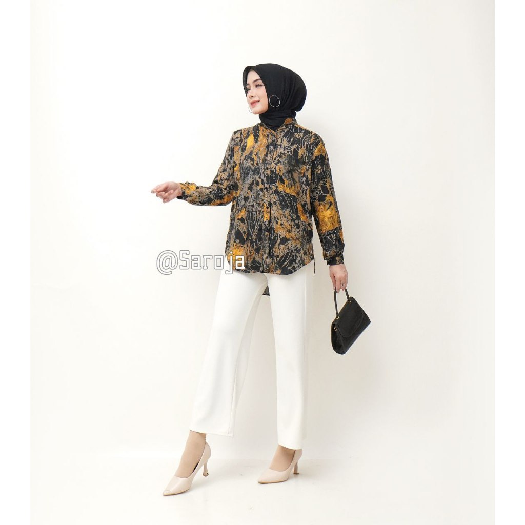 Blus Abstrak | Atasan Wanita Motif Flower | Blose Cewek Lengan Panjang | Atasan Wanita Import | Blus