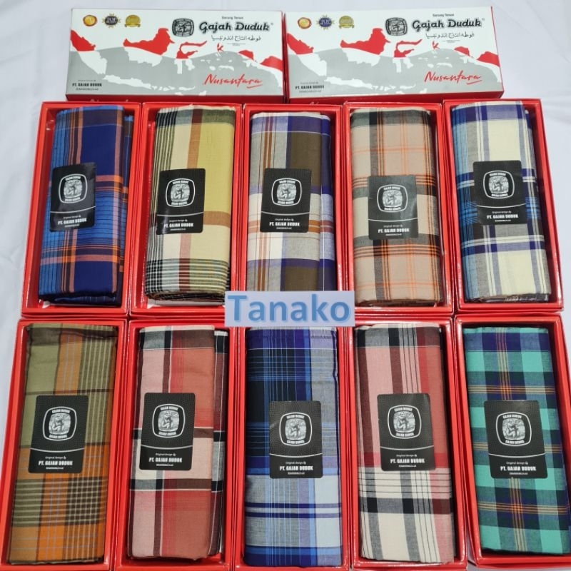 Kain Sarung Tenun Gajah Duduk Asia Merah Putih / Gajah Duduk Nusantara kemasan dus motif kotak kotak