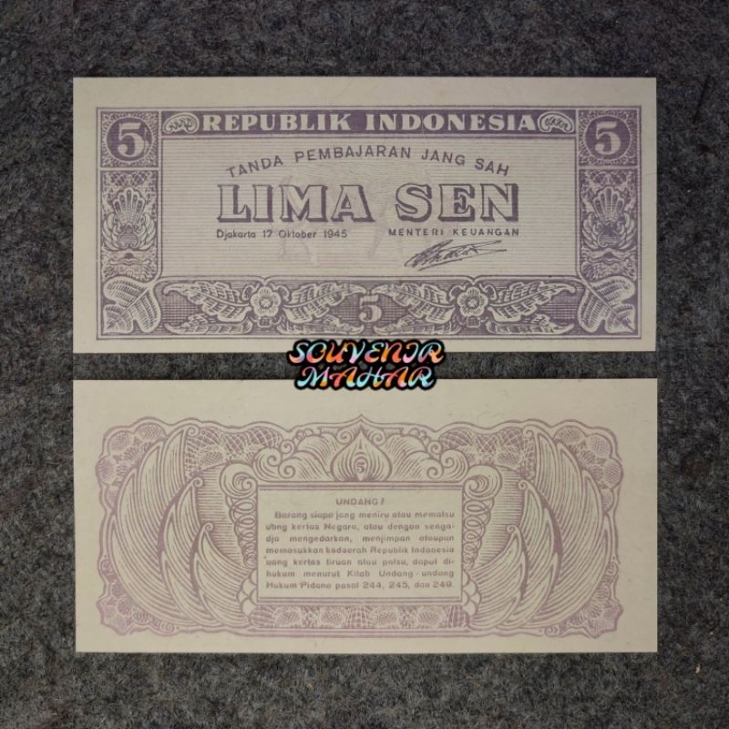 (Gress/Baru) Uang lama 5 Sen ORI tahun 1945 Lima Sen Repulik Indonesia