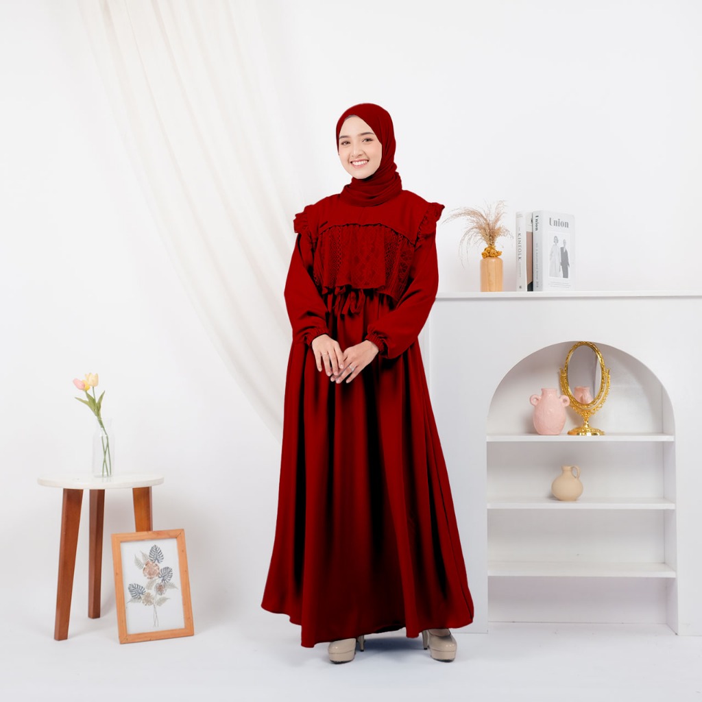 Maria Collection Meysha Dress Gamis Elegan Kondangan Muslim Mewah Shakila Kombinasi Brokat Cantik Wanita Nyaman S fit L Busui-marun