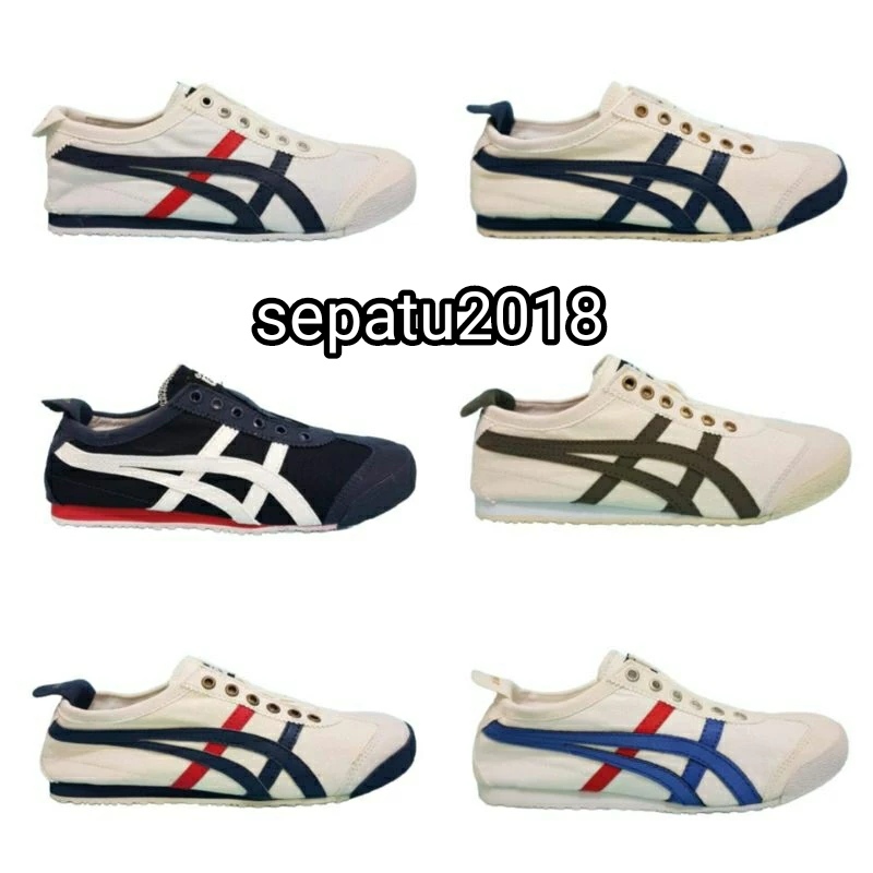 Sepatu Onit Slip On Tanpa Tali Cream Navy Merah Bahan Canvas Unisex Pria Wanita