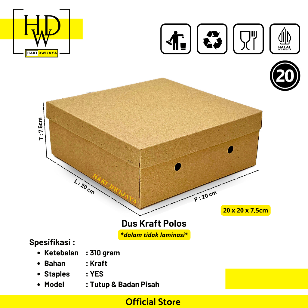 [MIN 20Pcs] Dus Kraft Roti / Kotak Nasi 20x20x7,5cm - Kraft Polos
