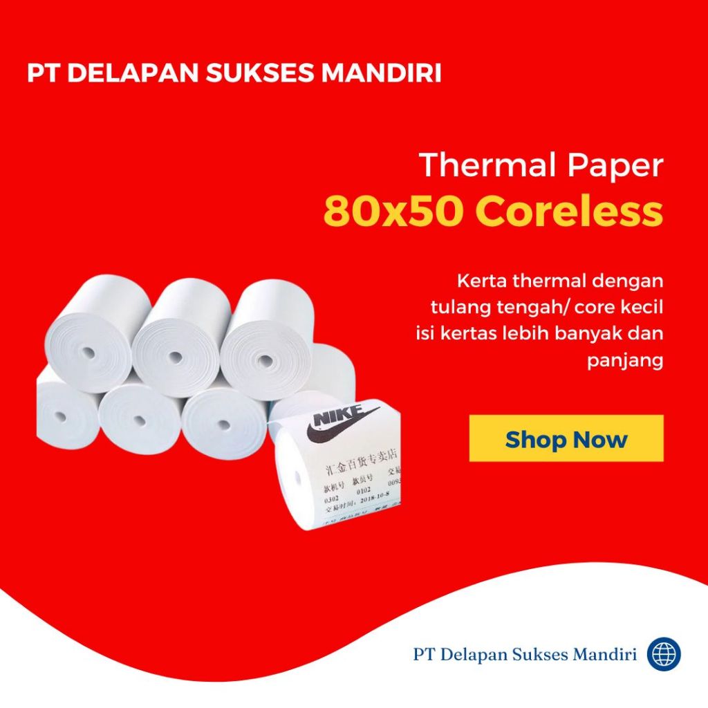 

Kertas Thermal 80 X 50 / 80 x 51 mm Core per 100 roll