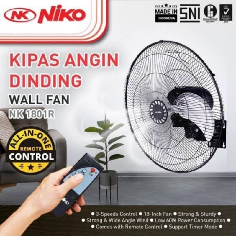 Niko Kipas Angin Dinding Besi + Remote 18 Inch / Wall Fan NKW-1801R