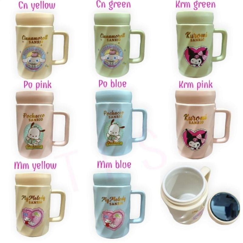 CL Gelas mug cangkir keramik tutup kaca Kuromi Cinnamoroll Melody Pochacco