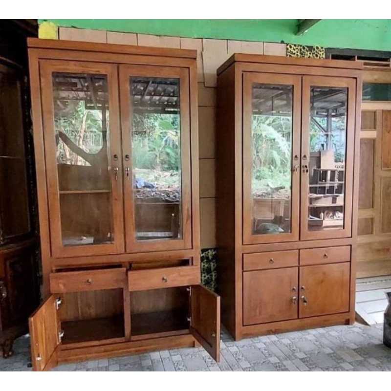 LEMARI HIAS KACA MINIMALAIS KAYU JATI | ALMARI HIAS KACA LEMARI BUKU RAK BUKU FURNITURE JATI