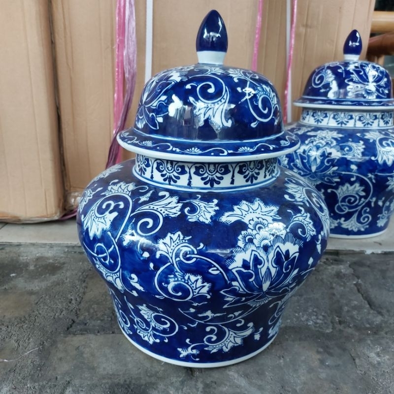 Tocin guci tutup keramik navy gendut/Guci beras/wadah beras/tempat beras/gentong guci