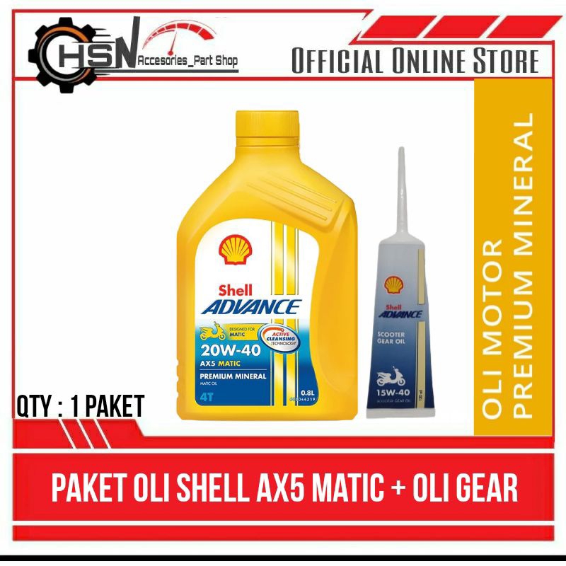 PAKET | OLI SHELL ADVANCE AX5 MATIC+ OLI GEAR 20w-40 0,8L OLI MESIN SHELL ALL MOTOR MATIC