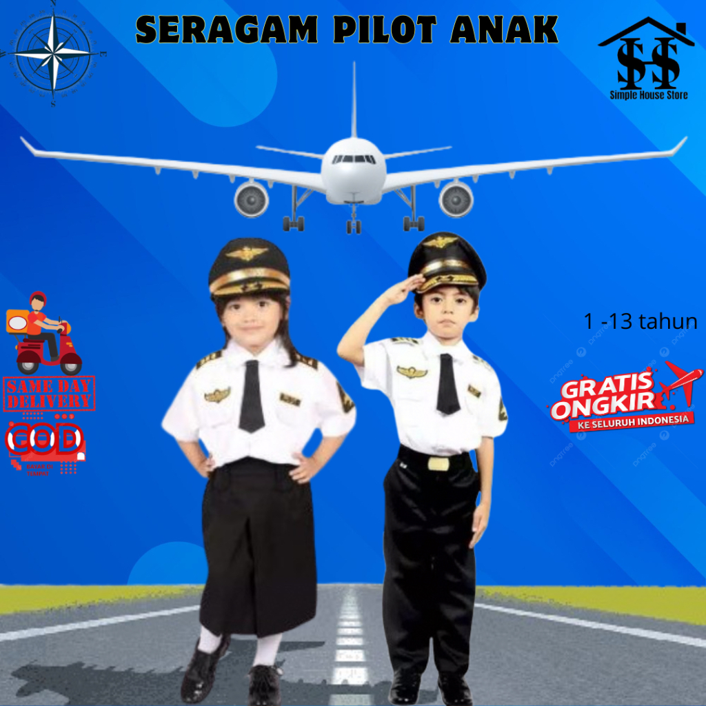 Seragam Baju Pilot Anak/ Baju Karnaval / Baju Ulang Tahun/ Kado Ulang Tahun/ Baju Tk Paud Sd Umur 1 