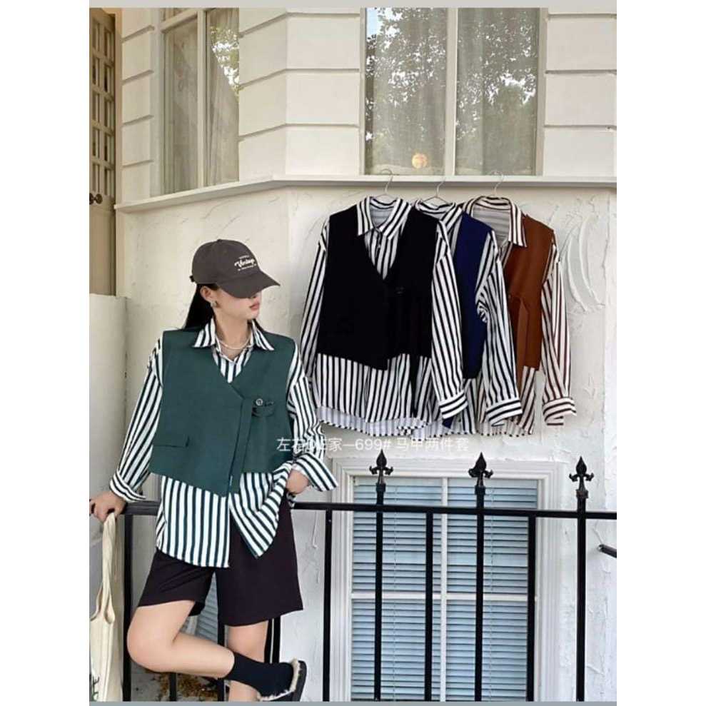 Baju Kemaja salur kombinasi import BKK / Baju Blous style korea cewek kemeja salur kombinasi rompi p