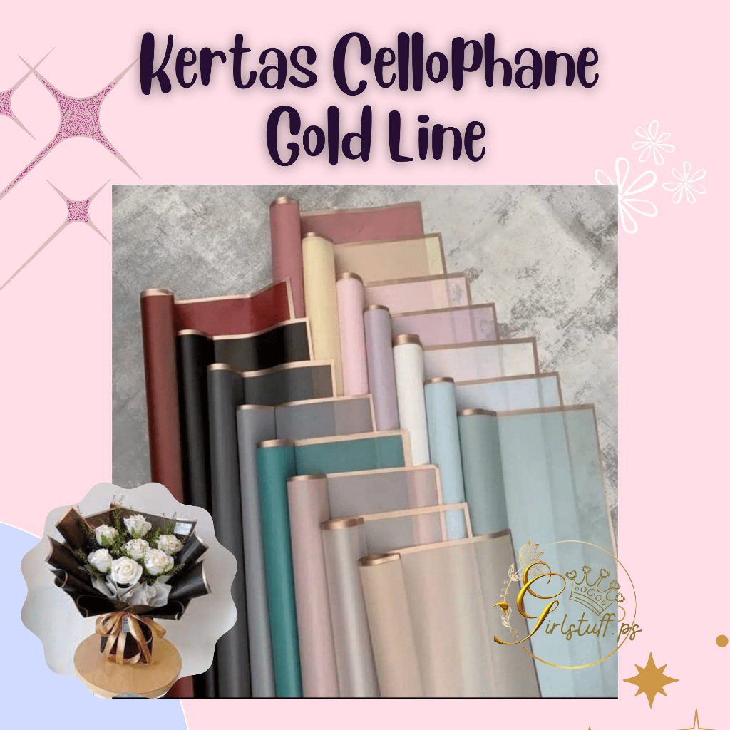 

Kertas Buket Gold Line Transparant Color Cellophane Flower Wrapping