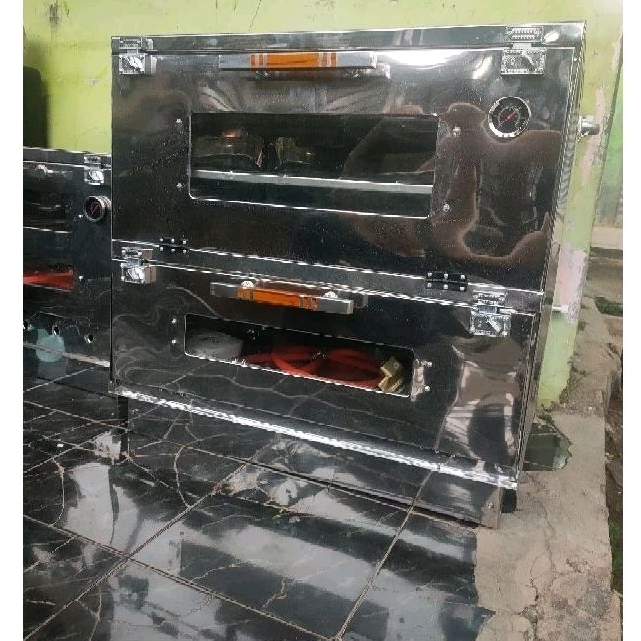 OVEN GAS STAINLESS UKURAN 75X55X70 CM, API ATAS BAWAH, OVEN GAS LENGKAP DENGAN MEJA KAKI RODA SELANG