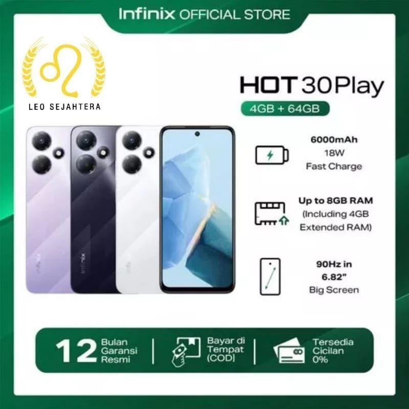 Infinix ram 4gb 64GB Batere 6000 mah hot 30 play baru segel garansi resmi 1 tahun
