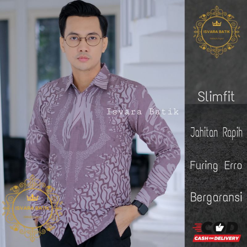 Kemeja batik slim fit warna ungu lengan panjang pendek lapis furing hem batik ungu kemeja batik ungu