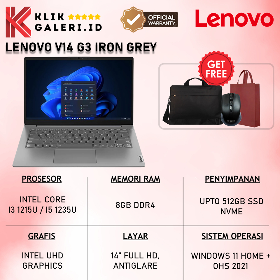 Laptop Lenovo V14 G3 Intel Core i3 / Intel Core i5 RAM 8GB 512GB SSD Layar 14 Inch FHD