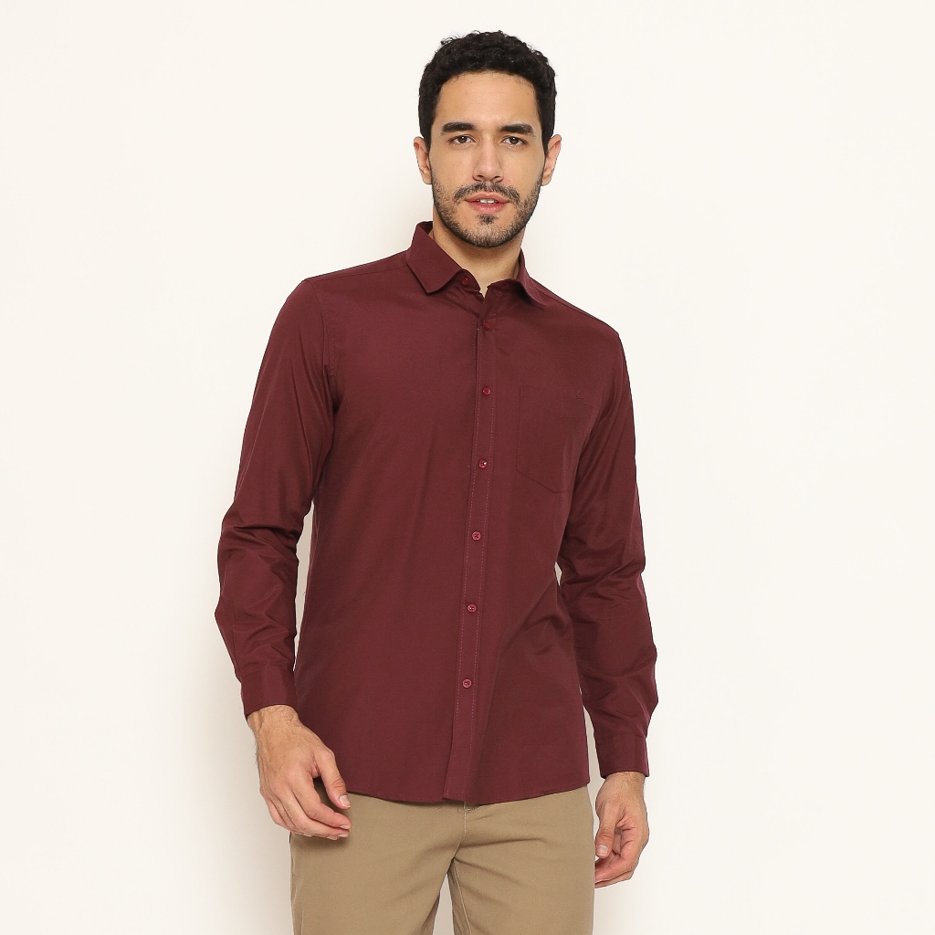 Schoeller - Kemeja Pria Casual Lengan Panjang Maroon Slim Fit