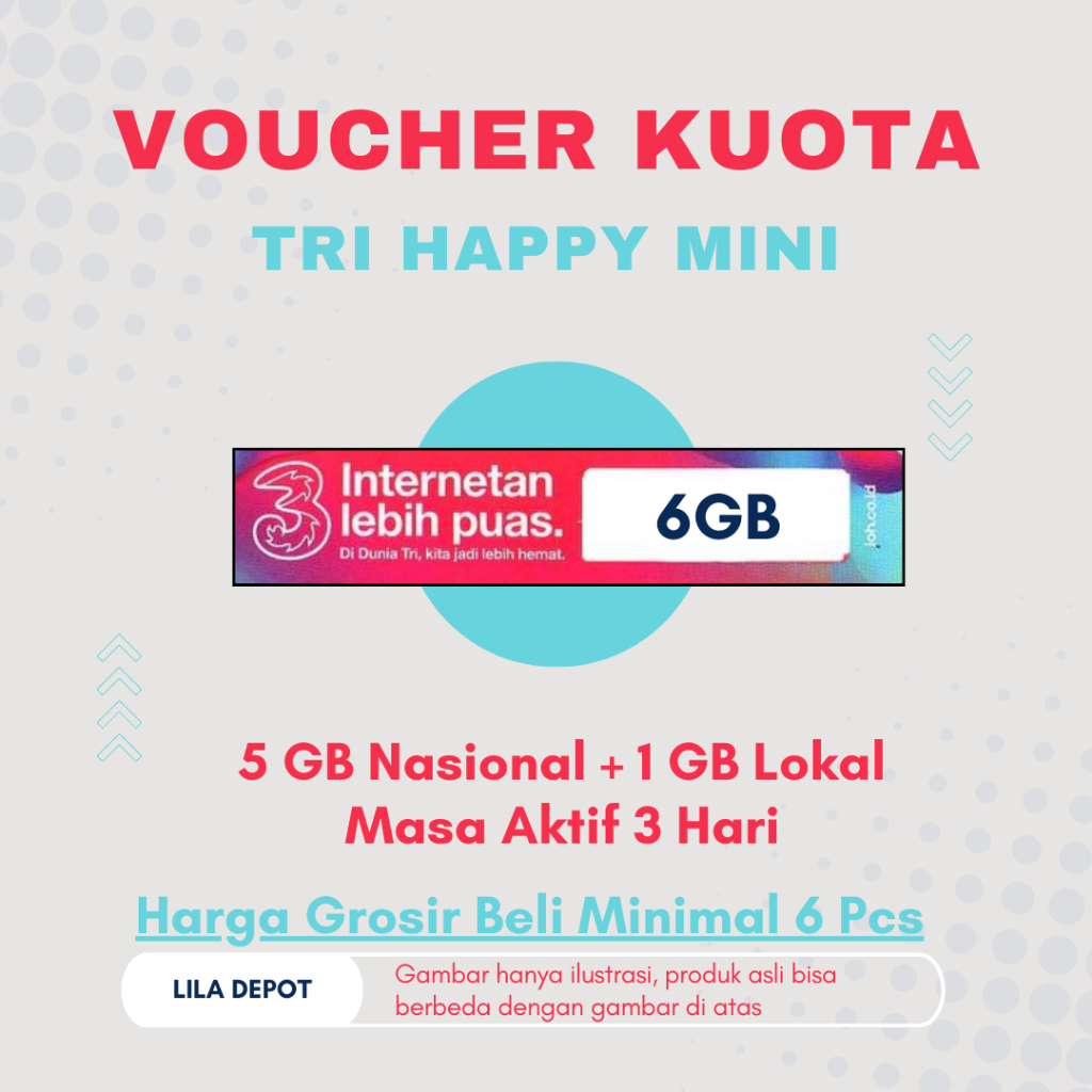 Voucher Data Fisik Tri/Three/3 Happy Mini Kuota Nasional 5 GB + Kuota Lokal 1 GB; Masa Aktif 3 Hari:
