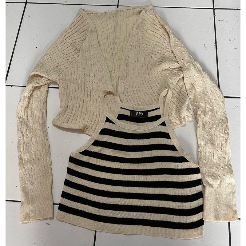 baju wanita dewasa import bkk original tank top salur knit cream mix cardigan rajut free sz ikut bod