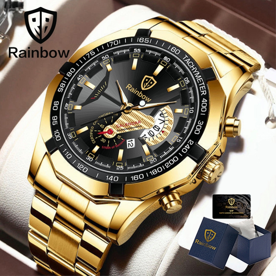 Rainbow COD Asli Jam Tangan Pria Tahan Air Anti Gores Mewah Stainless Steel Watch (Free Box + Card)-Emas+BOX+VIP Kartu