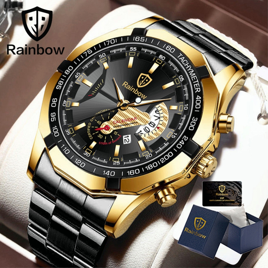 Rainbow COD Asli Jam Tangan Pria Tahan Air Anti Gores Mewah Stainless Steel Watch (Free Box + Card)-Emas hitam+BOX+VIP
