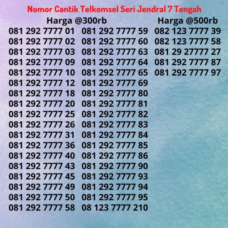 Nomor Cantik Kartu Perdana Telkomsel Simpati Seri Jendral 7 / Kwartet 7 / 7777 Tengah Rapi