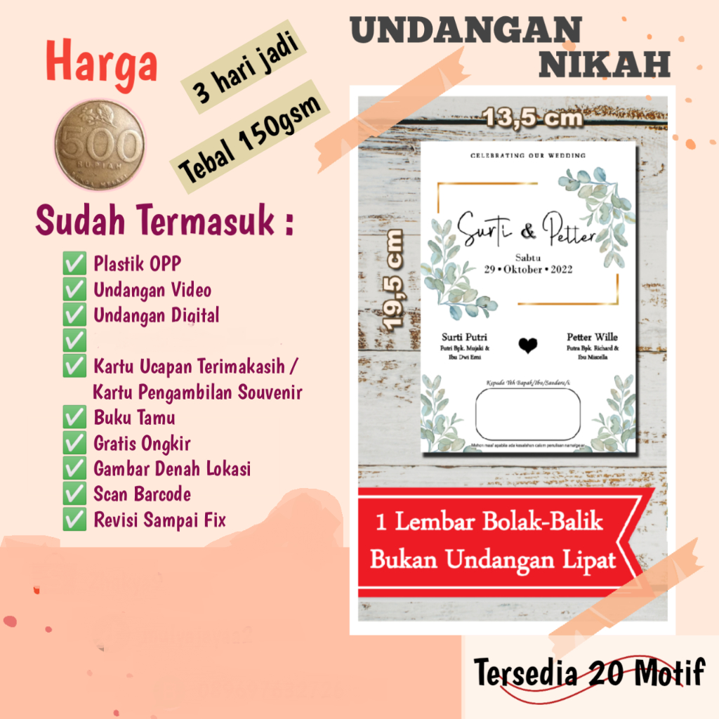 (1-2HARI JADI) Undangan pernikahan tebal, bonus undangan digital, video, plastik, ThanksCard, Custom