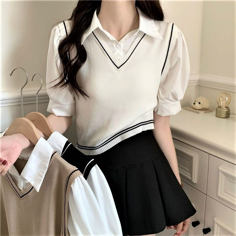 Rompi Vest + kemeja nyatu Rajut (Polo rompi polos) Atasan Wanita Sekolah Kantor Sweater Outer Top Li