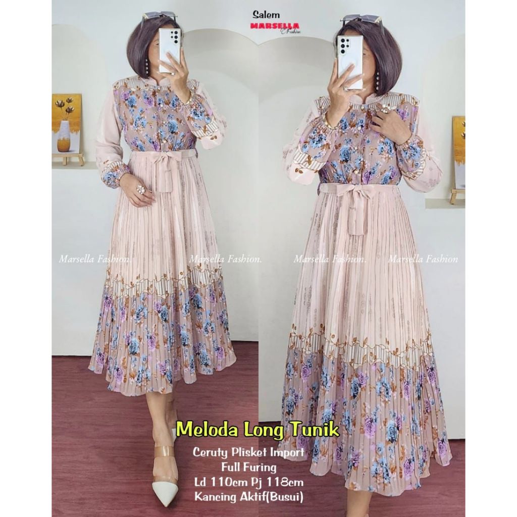 MELODA LONG TUNIK WANITA MOTIF BY MARSELLA BAHAN CERUTY PLISKET IMPORT
