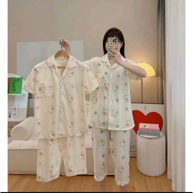 Setelan Piyama Baju Tidur Wanita Kemeja Lengan Pendek Celana 7/8 Import