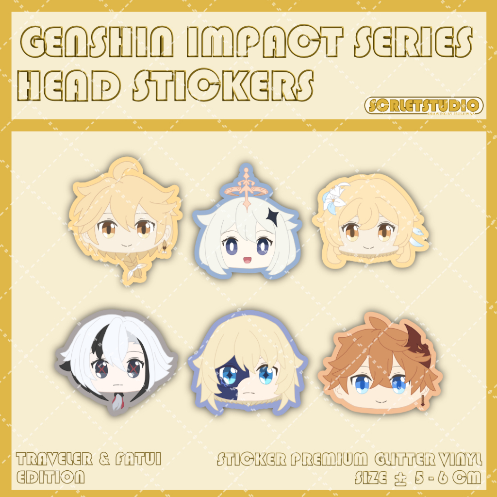 

SCRLETSTUDIO STICKER GLITTER PREMIUM QUALITY GENSHIN IMPACT HEAD CHIBI TRAVELER AND FATUI ANIME CHARACTERS AETHER LUMINE PAIMON DAINSLEIF ARLECCHINO CHILDE TARTAGLIA