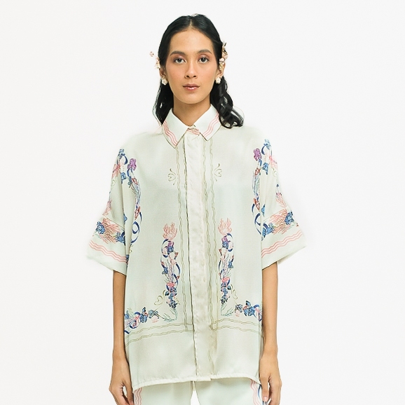 RTW STUDIO PREMIUM COLLECTION - Tunic Lengan Pendek Wanita Print Coralee Ribbon Boxy White Ivory [Li
