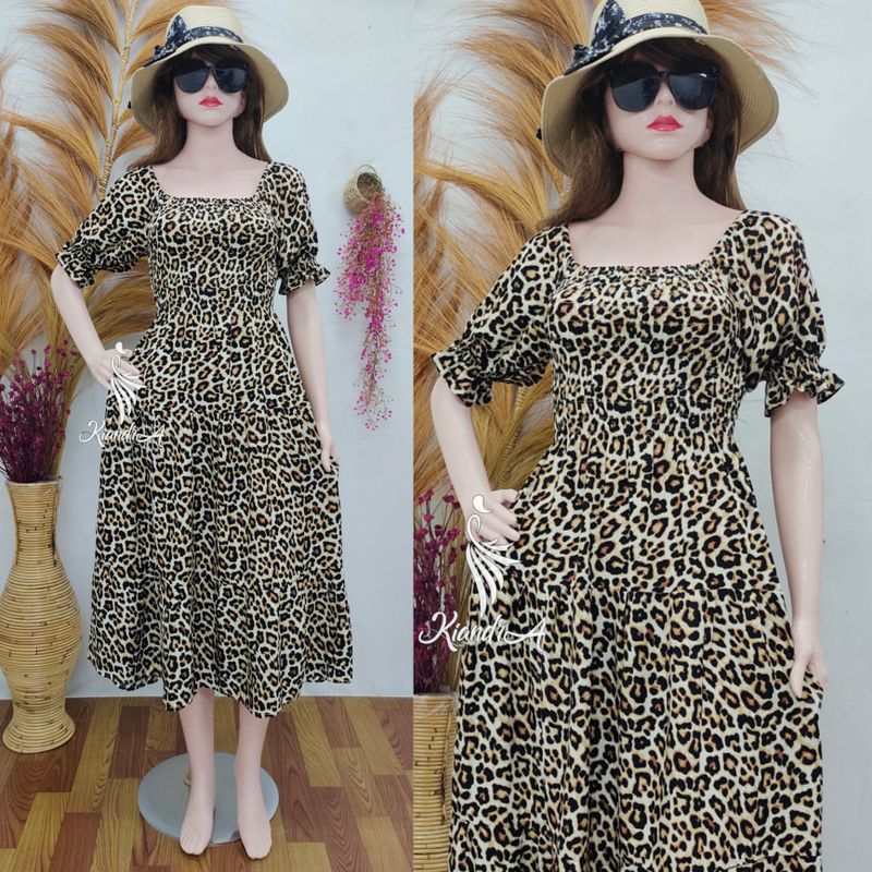 LONG DRESS CANDA LEOPARD  DOUBLE RUFFLE