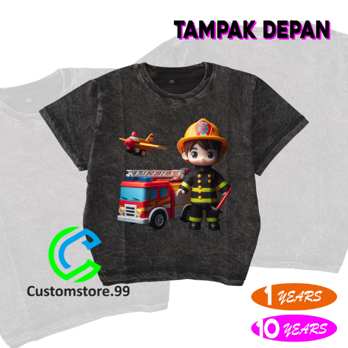 Baju Anak Kaos Anak WASHED Motif DAMKAR Terbaru Free Nama