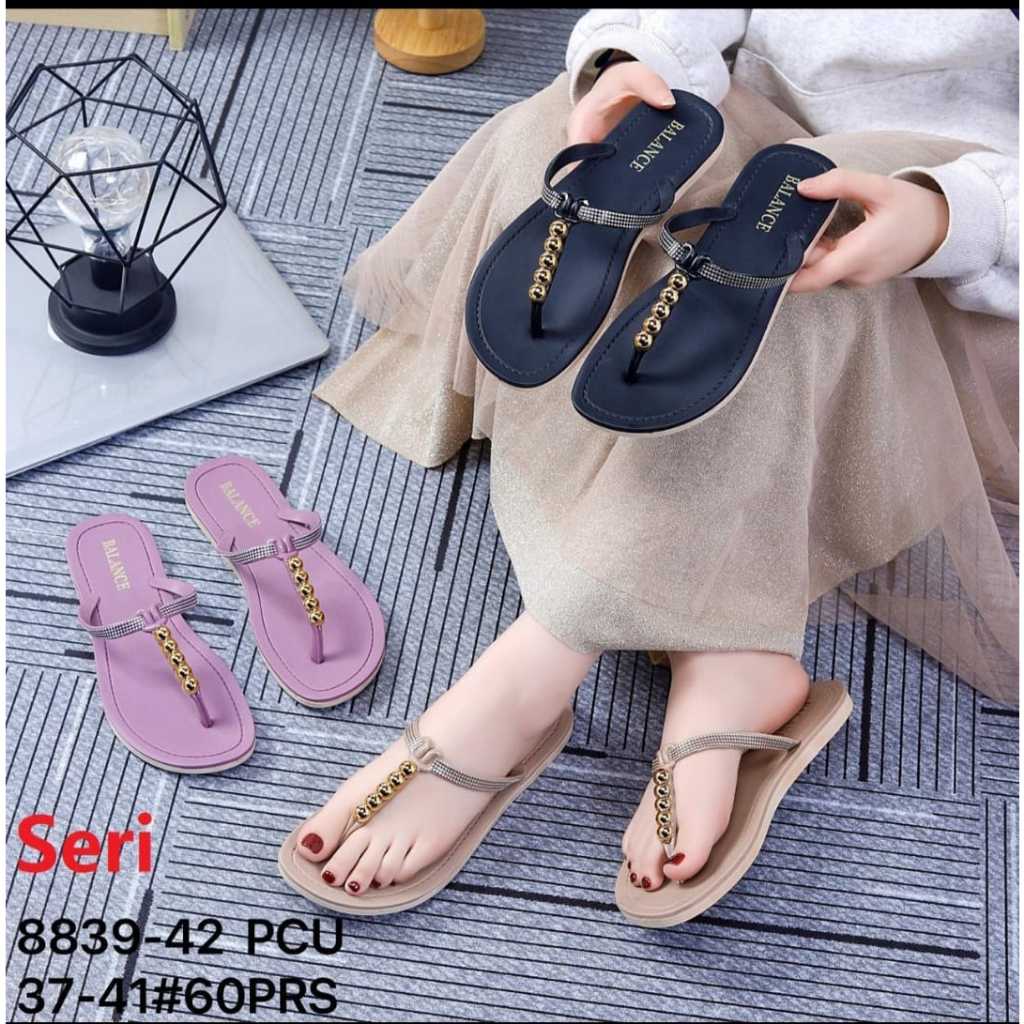 Sandal Jepit Wanita Karet Jelly Tali Mutiara Manik Bahan Rubber Import BALANCE 8839