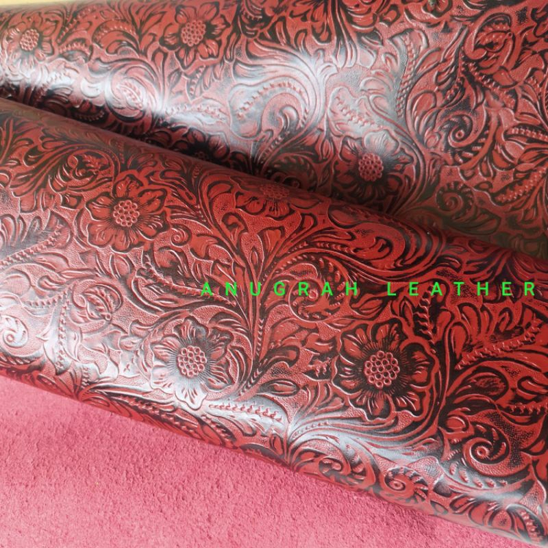Kulit Sapi Asli Lembaran Emboss Motif Cetak Batik Bunga Warna Merah Marun Maroon