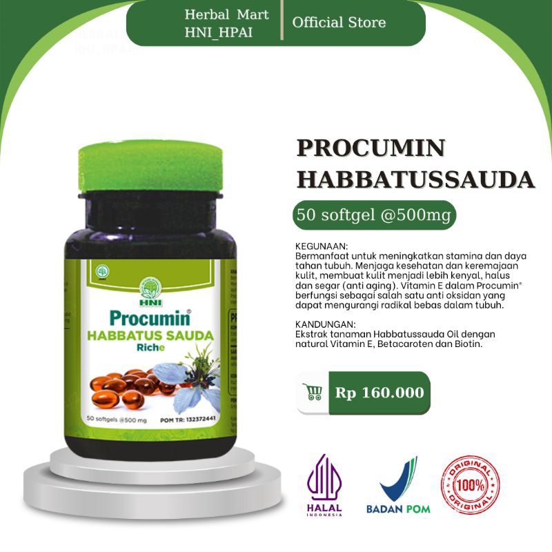 Herbal Mart _ HNI.HPAI (100% Produk Original) Procumin Habbatussauda HNI_HPAI isi 50 softgel  untuk meningkatkan stamina dan daya tahan tubuh,Menjaga kesehatan dan keremajaan kulit.