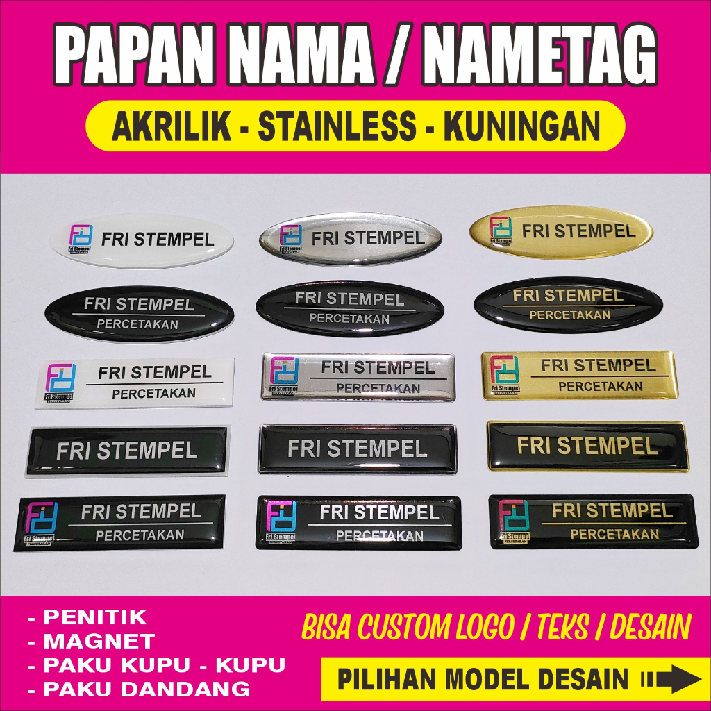 

Papan Nama Dada / Nametag Berlapis Resin Bening, Bahan Akrilik - Stainless - Kuningan