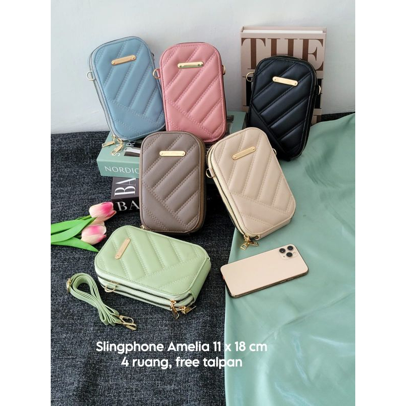 Tas HP Bordir AMELIA Tas Selempang Mini 2 ruang Slingphone Wanita Cantik