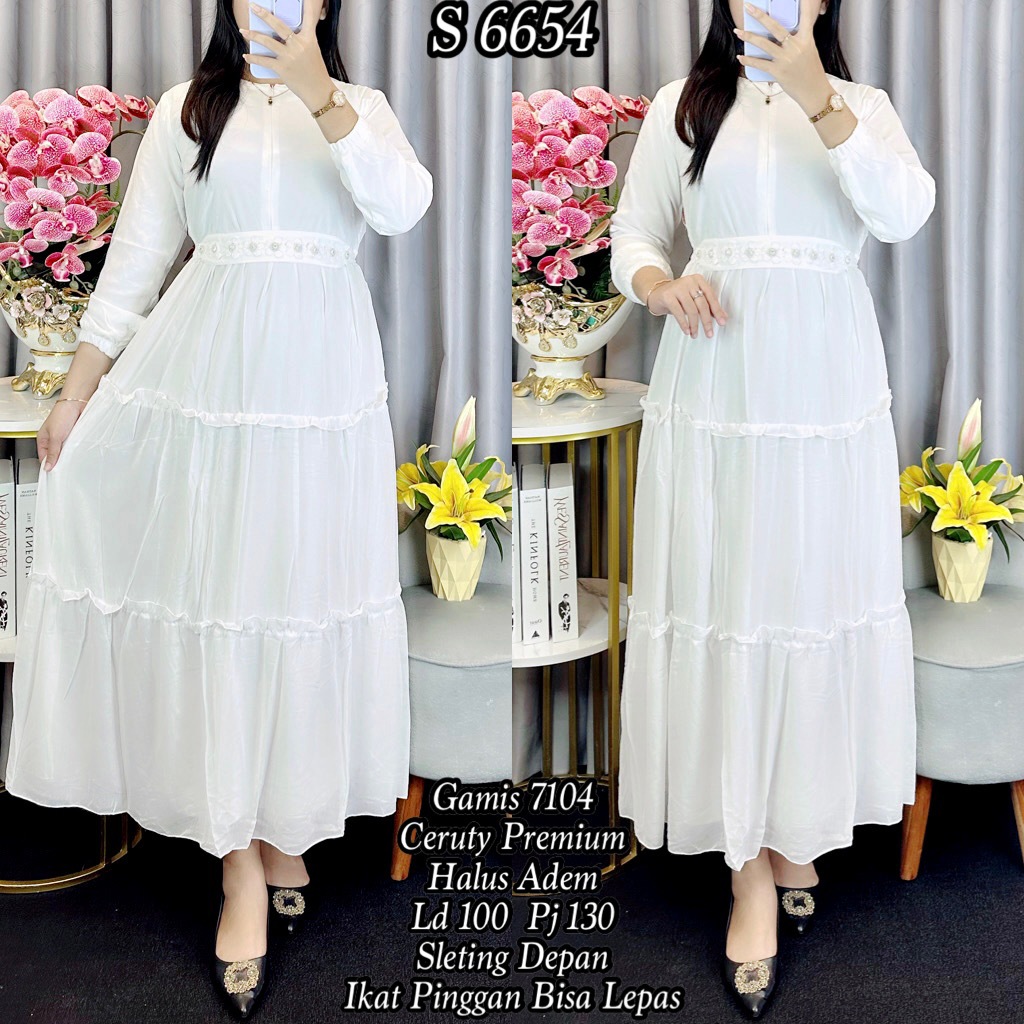 S 6654# Gamis Ceruty Polos Rempel  Bahan Halus Khusus Warna Putih 7104