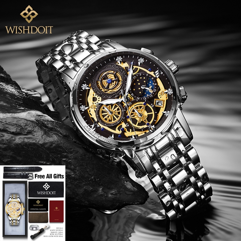 WISHDOIT Jam Tangan Pria Original Tahan Anti Air Laki Laki Lelaki Terbaru Keren Jam Tangan Cowok Besi Tahan Karat Silver/Hitam Luxury Men Watch Waterproof Stainless Steel Fashion Analog Sun/Moon/Stars Multifunction Chronograph Mechanical [Real Three Eyes]-Silver black