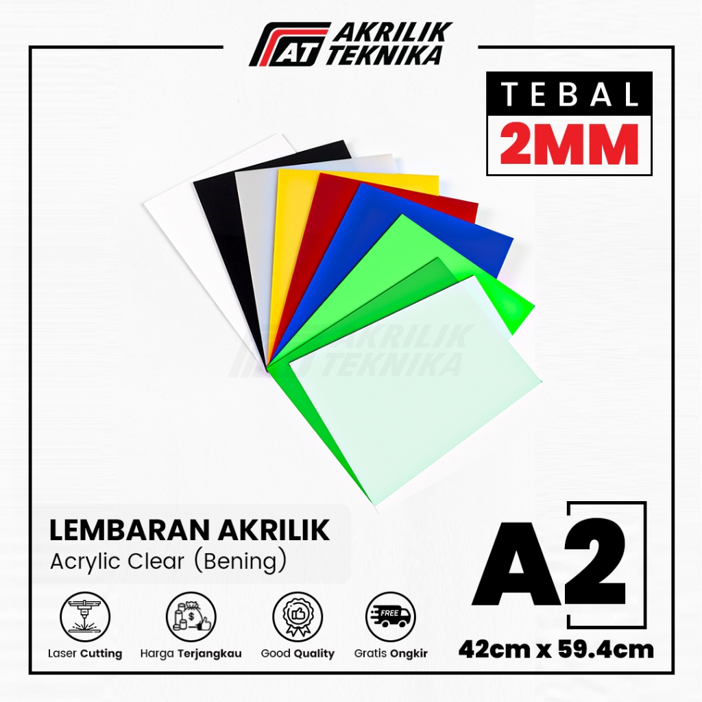 ACRYLIC SHEET LEMBARAN AKRILIK CLEAR BENING HITAM PUTIH MERAH KUNING BIRU HIJAU - A2 2MM