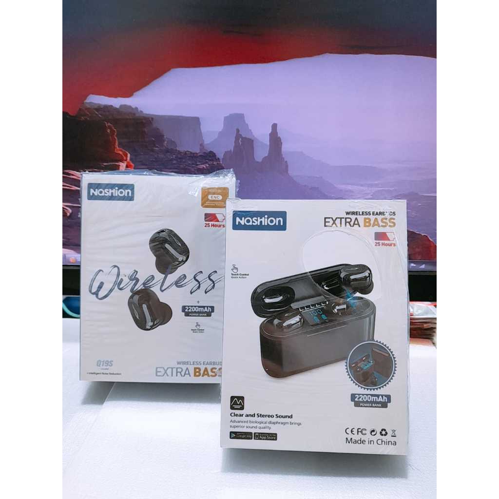 EARPHONE WIRELESS  HEADSET TWS NASHION Q19S  HEADSET BLUETOOTH + POWERBANK & HOLDER PHONE FUNCTION S