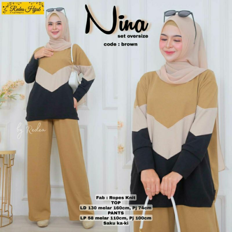 Nina One Set Over Size Redea Hijab Bahan Ropes Knit SetCel Jumbo LD 130 Melar Sampai 160