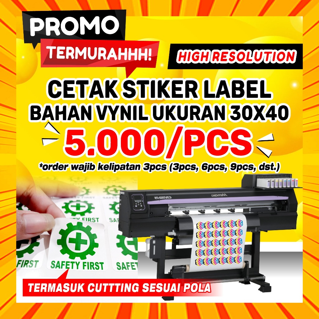 

PROMO Cetak Stiker Vinyl 30x40 Printing / Cetak Sticker Label Kemasan / Stiker Vinil Custom Anti Air