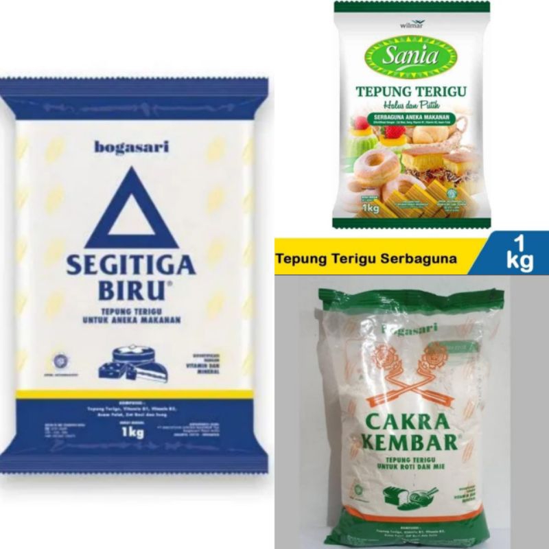 

Tepung Segitiga biru 1 kg/Tepung sania 1kg/ Tepung Cakra Kembar 1kg/ tepung Lencana Merah 1kg