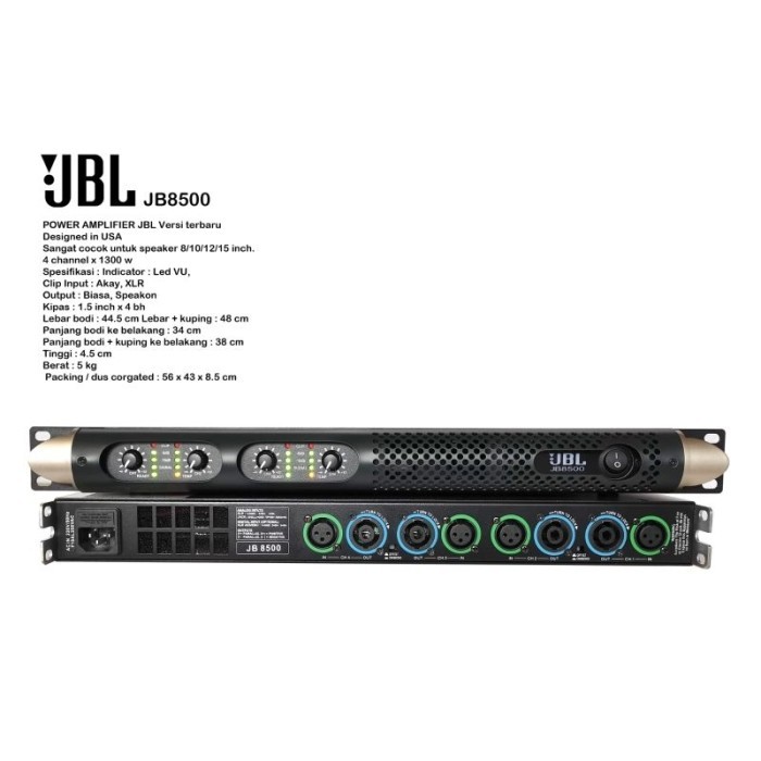POWER AMPLIFIER JBL JB 8500 / JB-8500 / JB8500 4 CHANNEL 1300 WATT LED VU INDICATOR
