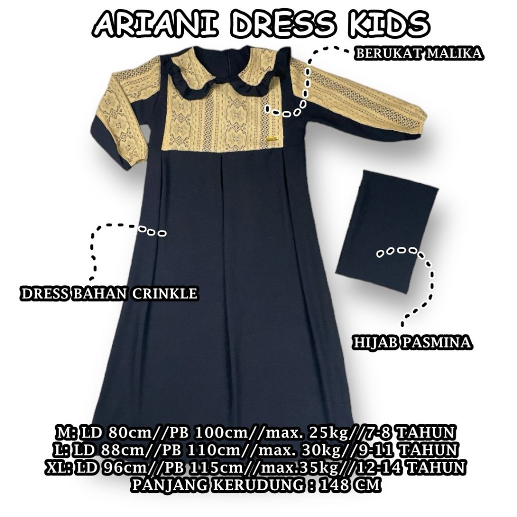 Baju Gamis Anak Ariani Dress Kids Free Hijab Bahan Crinkle Airflow Terbaru 7-14th / Baju Anak Peremp
