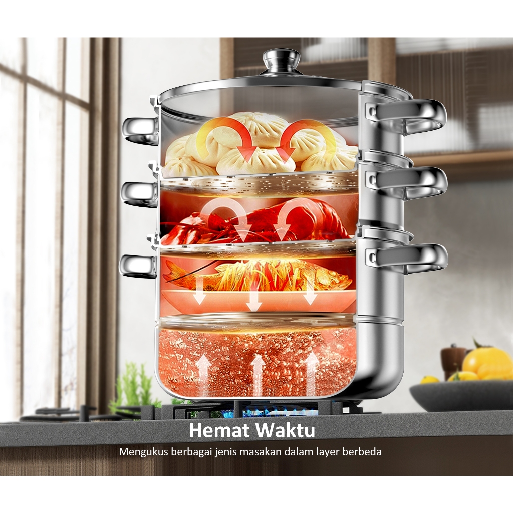 [LIVE TERBATAS] FREE PIRING DISPOSABLE 10PCS freemir Panci Kukus 3 Susun Tutup Kaca Kukusan Stainless Steel Tebal Steamer Pot 4Liter
